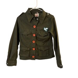Green Army Jacket by Chor with Statement Orange Accent Buttons Small